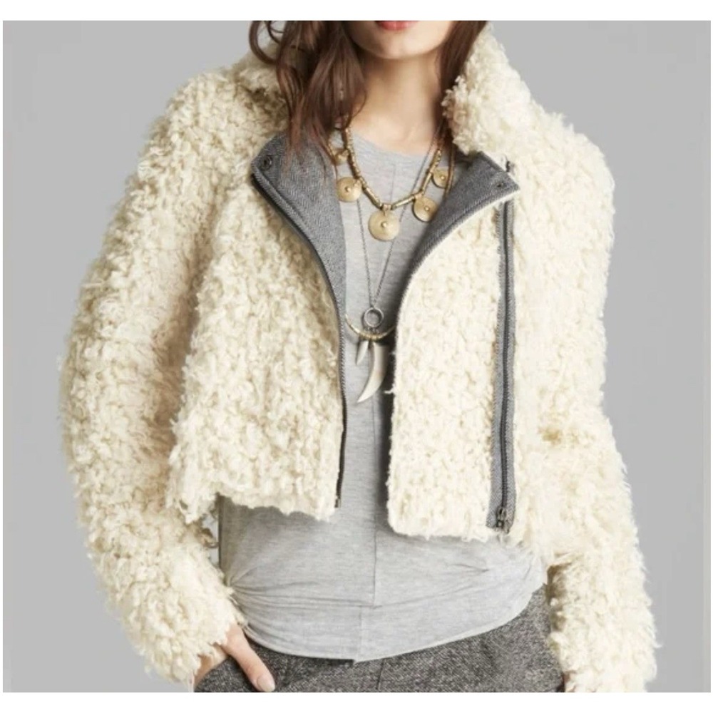 Free People Shaggy‎ Faux Sherpa Women's Small Moto Cropped Cozy Outdoor Pockets
